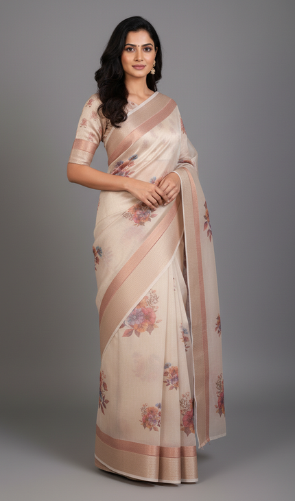 Ivory Cream Designer Organza Tissue Silk Floral Print Saree with Blouse |DS26|
