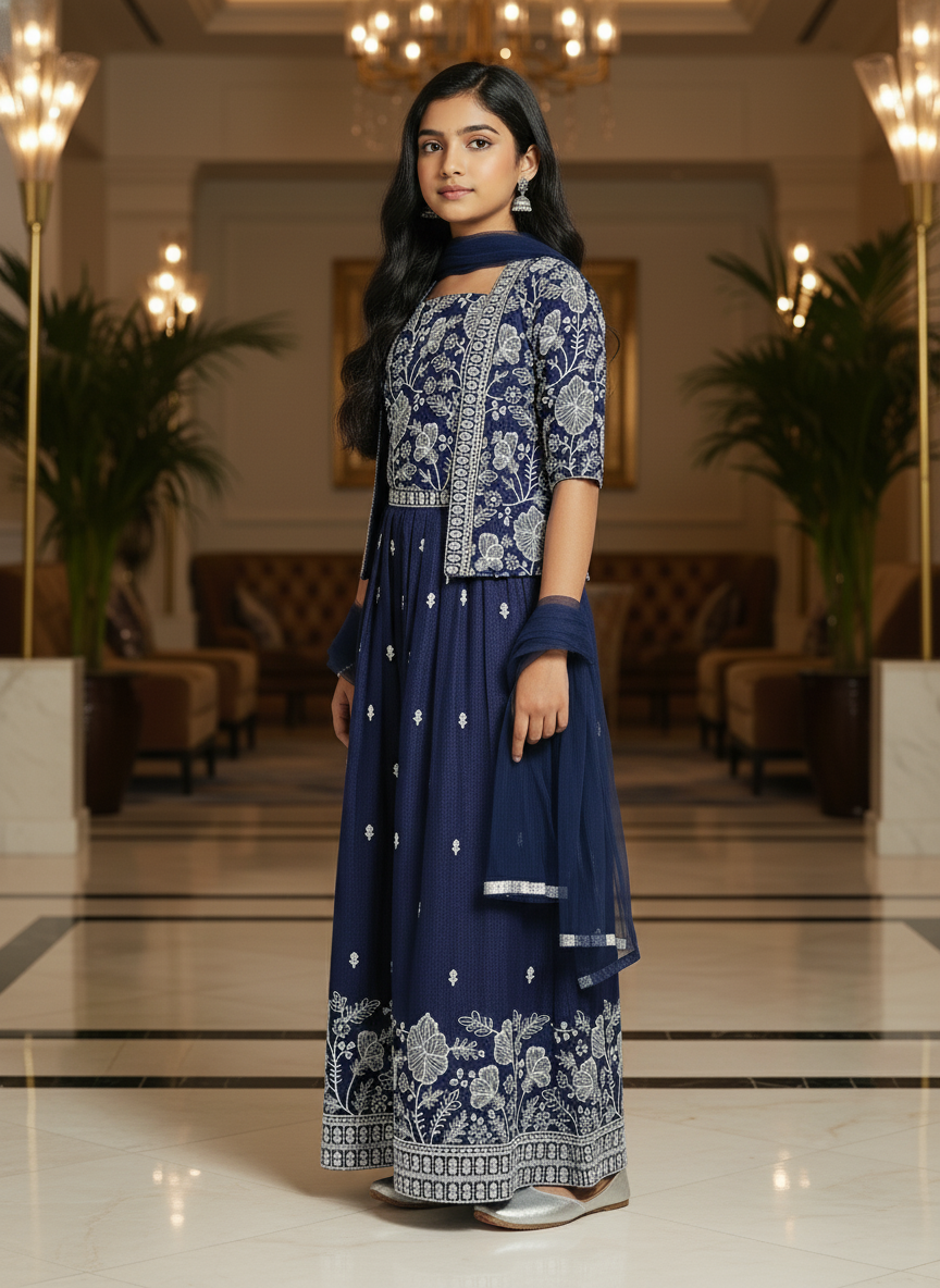 Navy Blue Embroidered Palazzo Set with Dupatta For Girls|AS-K8