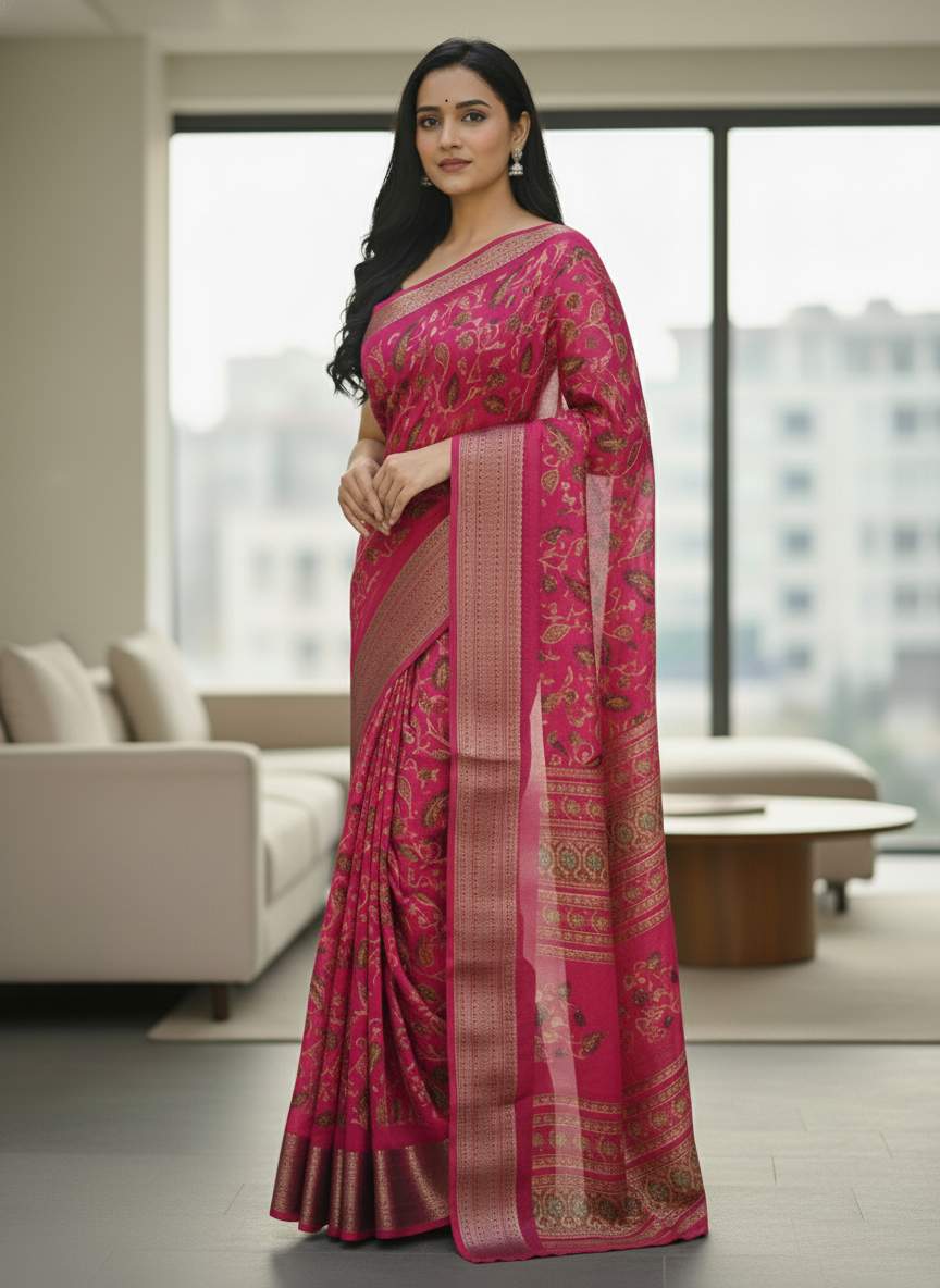 Navy Blue Floral Printed Chiffon Saree with Border| AS-00105