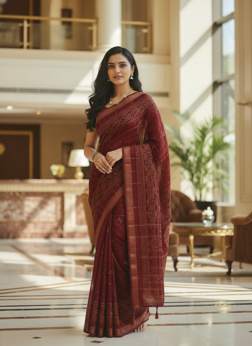 Maroon Floral Printed Chiffon Saree with Border| AS-00102