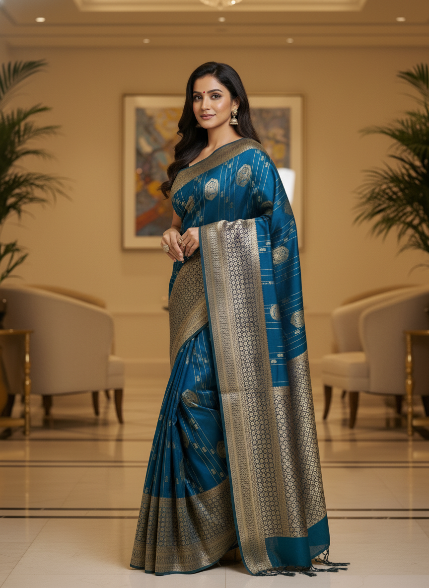 Navy Semi Silk Saree with Woven Border| AS-00247