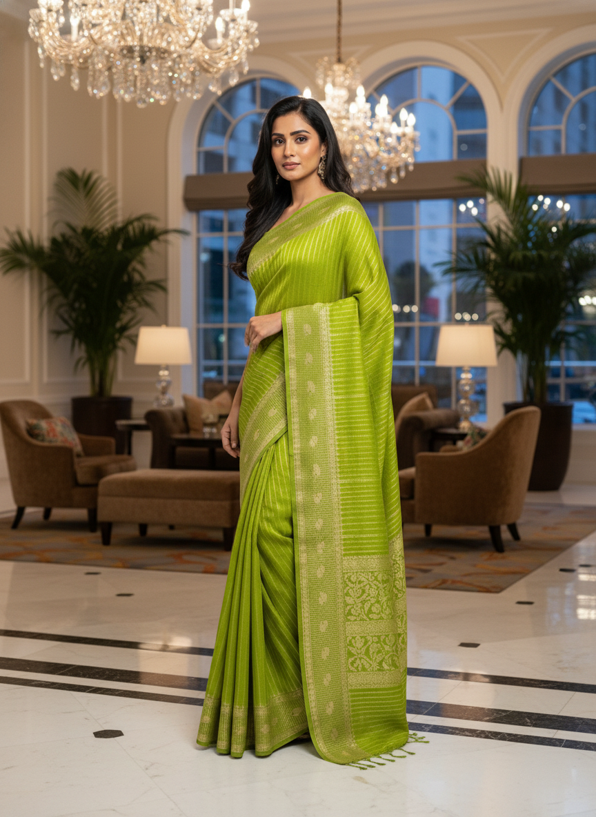 Rama green Silk Saree with Woven Border| AS-00241