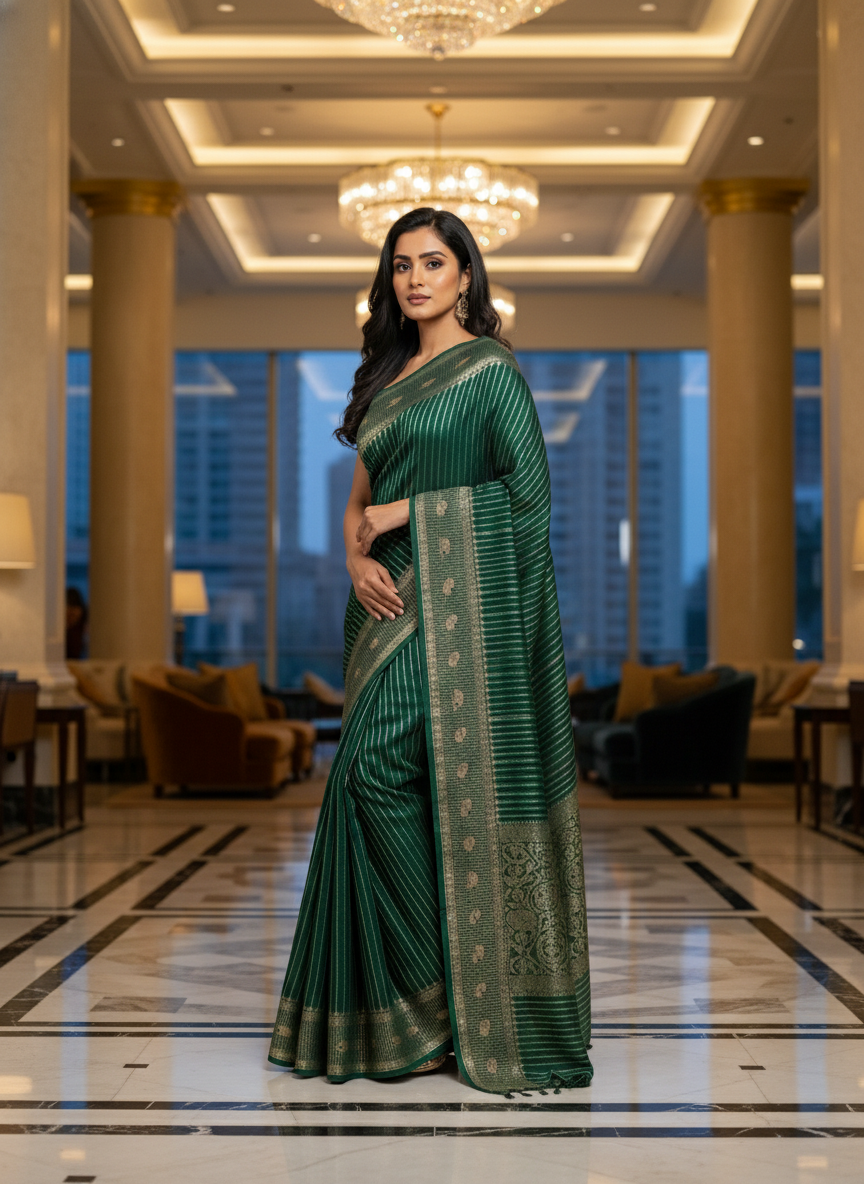 Rama green Silk Saree with Woven Border| AS-00241