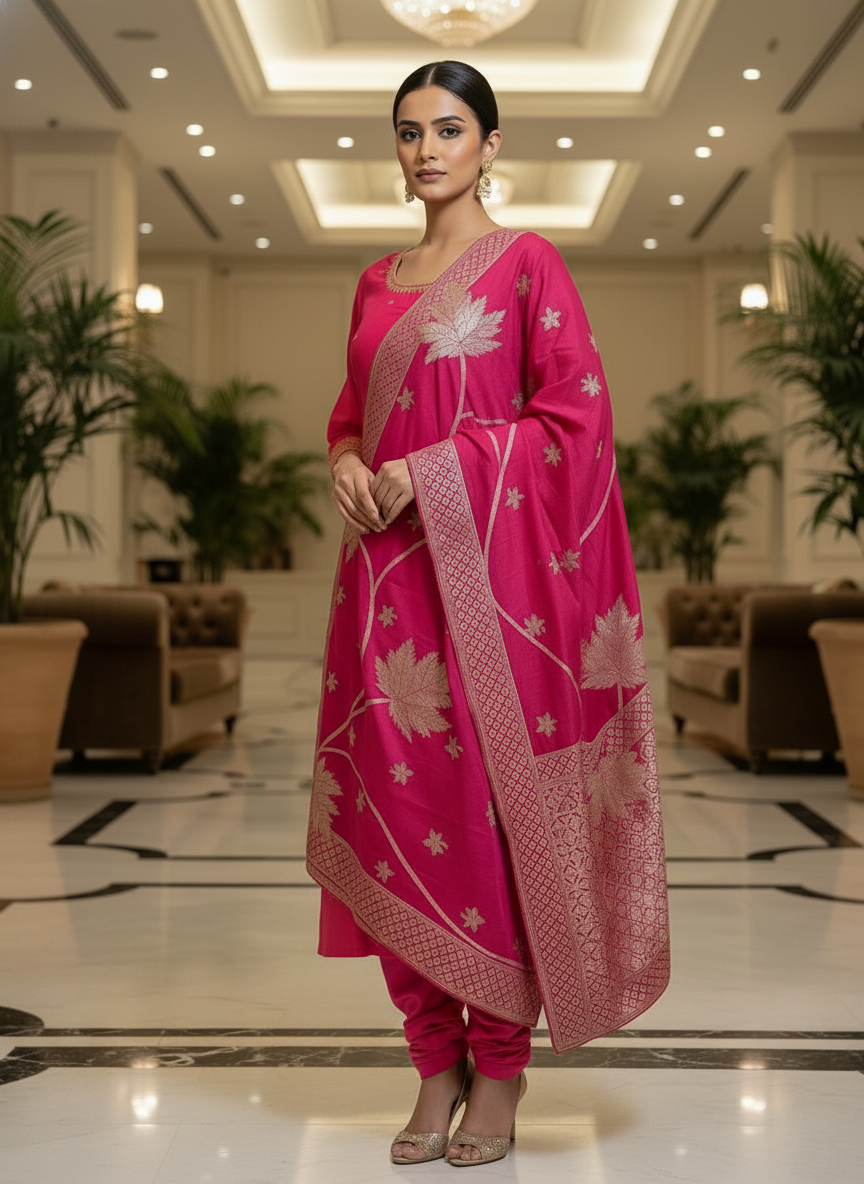 Elegant pink Kurta Set with Banarasi Dupatta| AS-00202