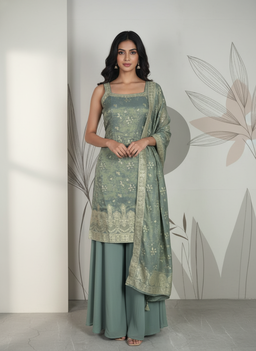 Bottle green silk Palazzo Set With Dupatta| AS-00255