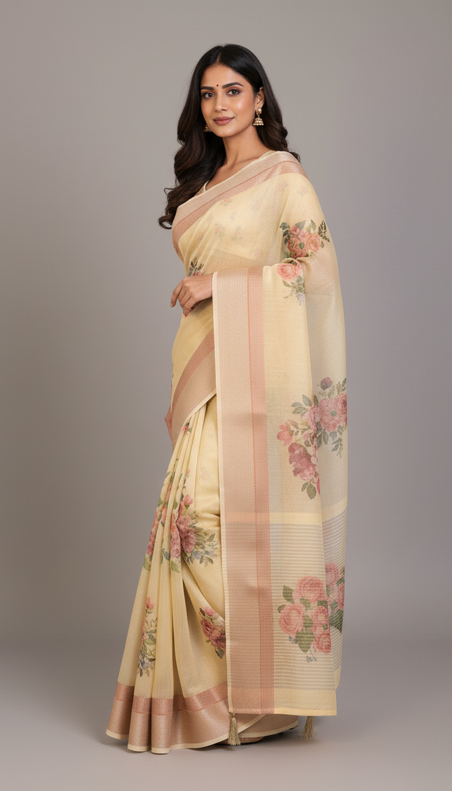 Butter Yellow Designer Organza Tissue Silk Floral Print Saree with Blouse |DS26_1