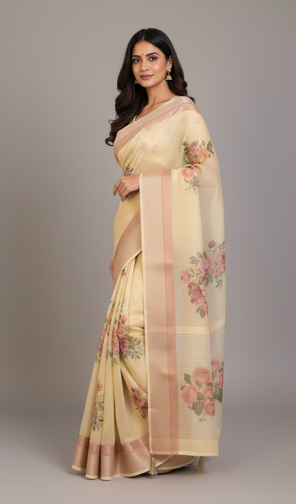 Butter Yellow Designer Organza Tissue Silk Floral Print Saree with Blouse |DS26_1