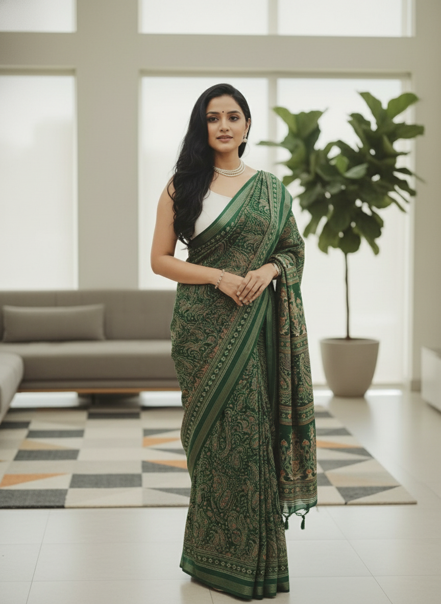 Black Floral Printed Chiffon Saree with Border| AS-00104