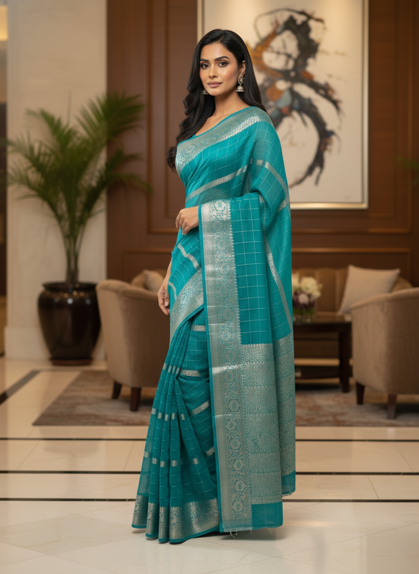 Parrot green  Silk Saree with Woven Border| AS-00242