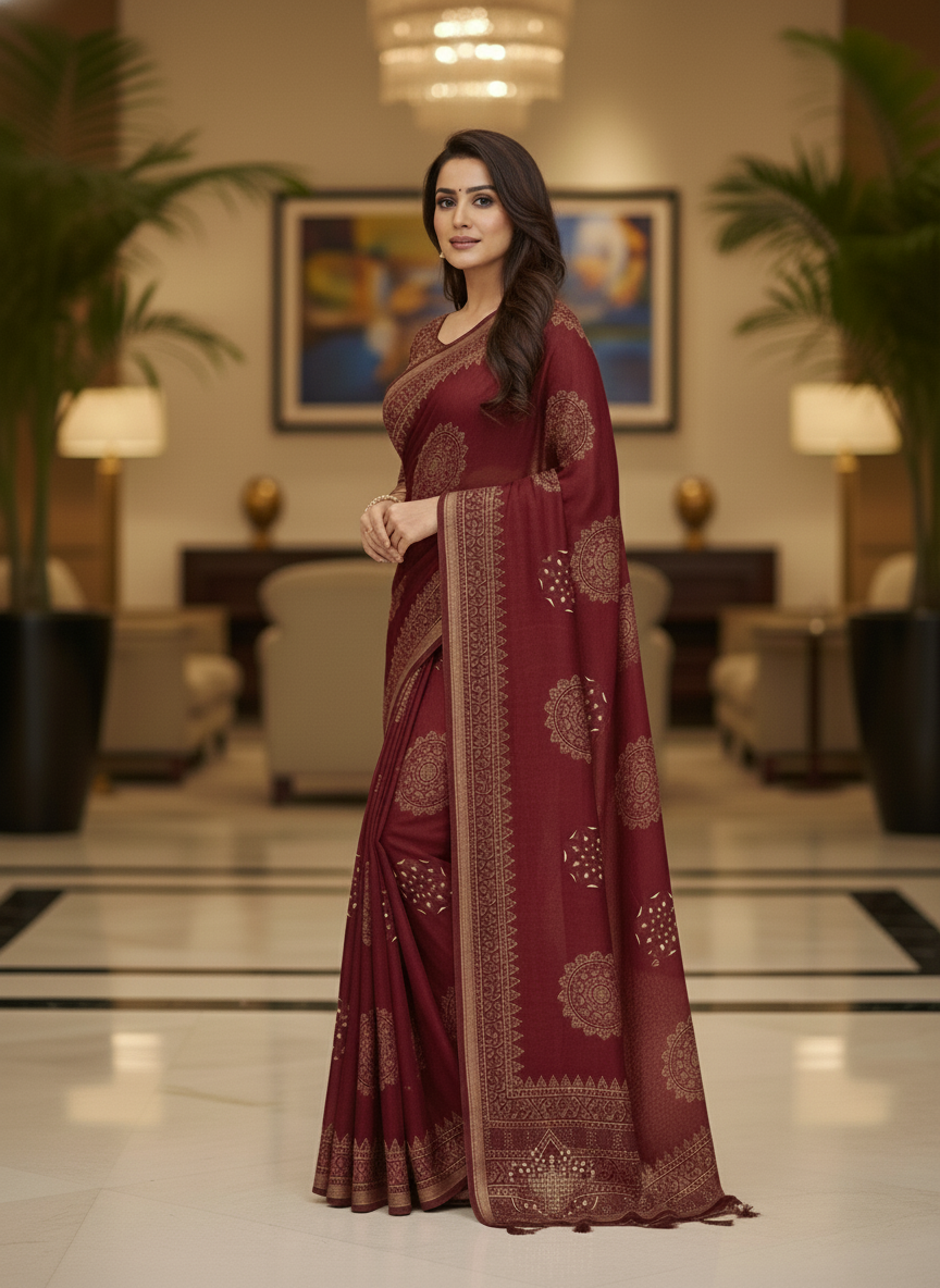 Red Multicolor Saree with Pattern Print | AS-00107