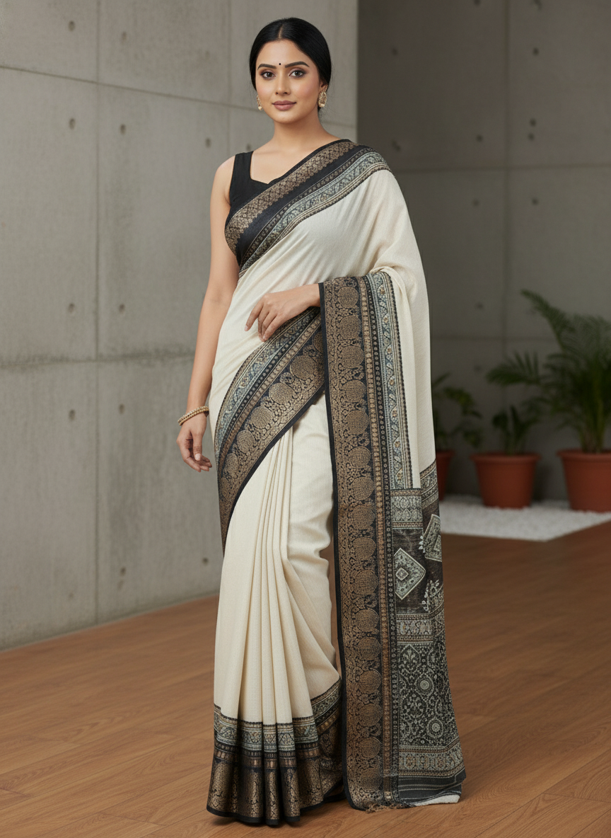 Emerald black border Printed Soft chiffon Saree | AS-0092