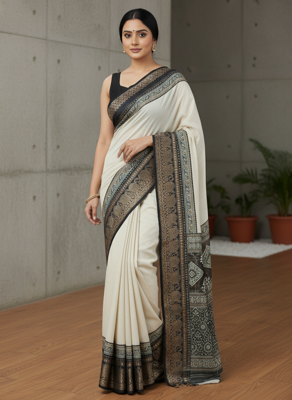 Emerald black border Printed Soft chiffon Saree | AS-0092