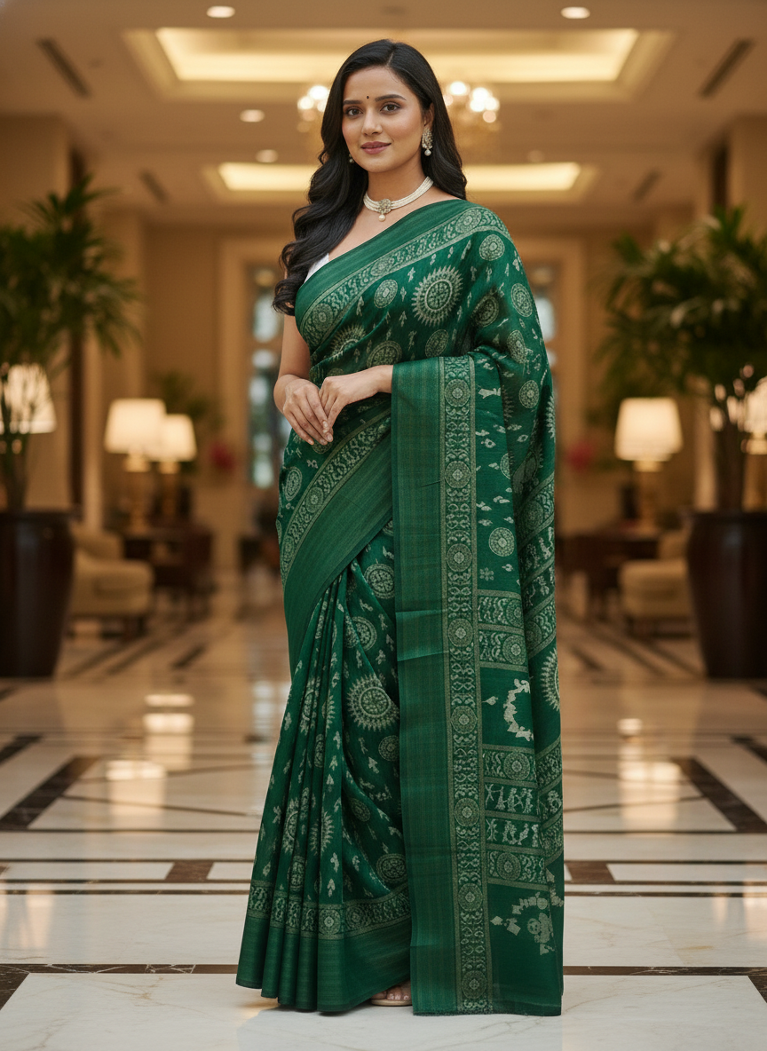 Emerald rama green Printed Soft chiffon Saree | AS-0089