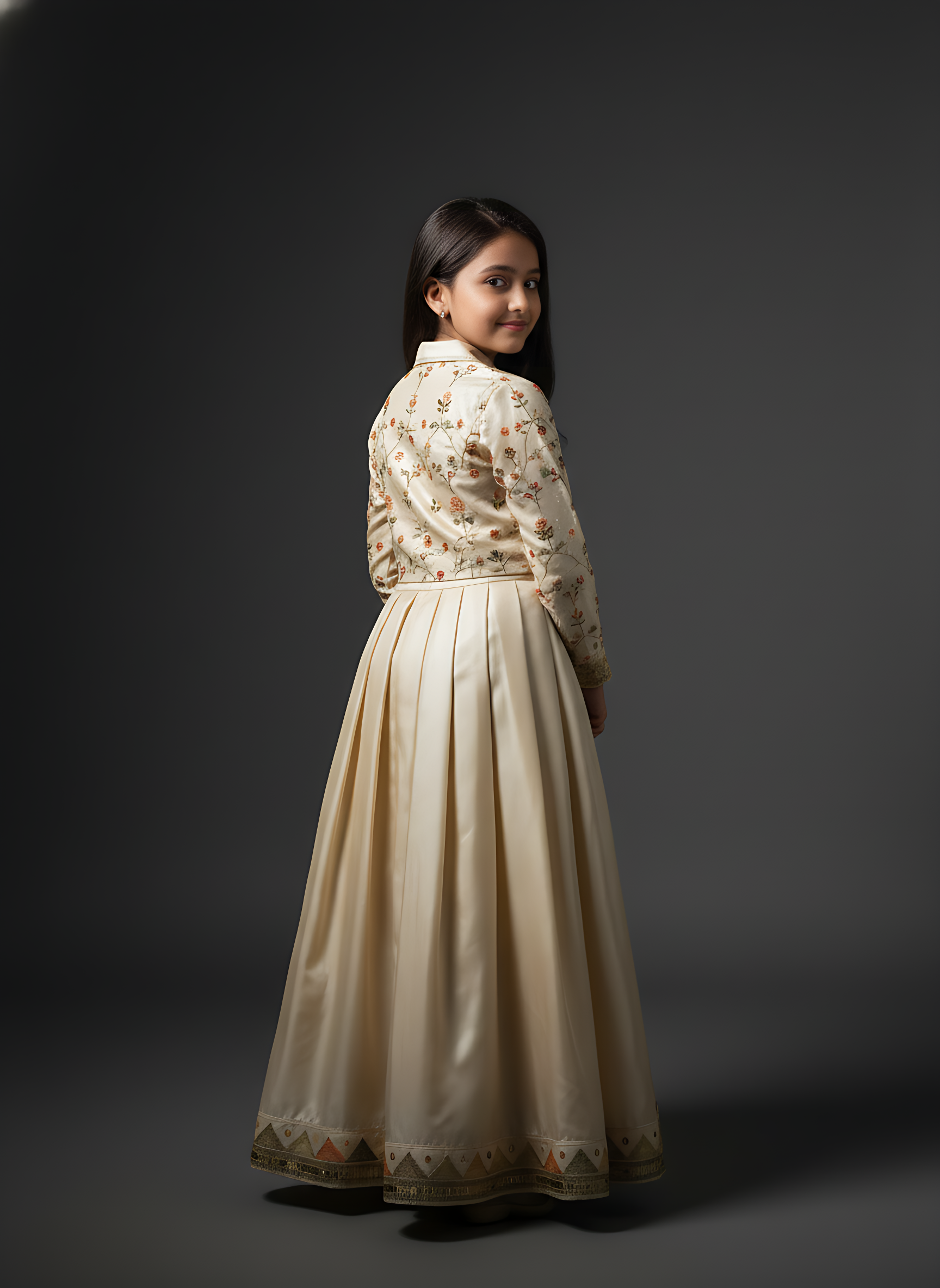 Girls' Silk Blend Embroidered Collared Anarkali Gown with Belt - Ivory/Cream