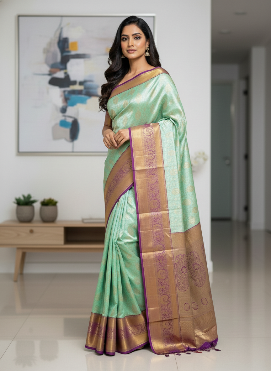 Green Kanchipuram Silk Saree With Butta Design| AS-00144