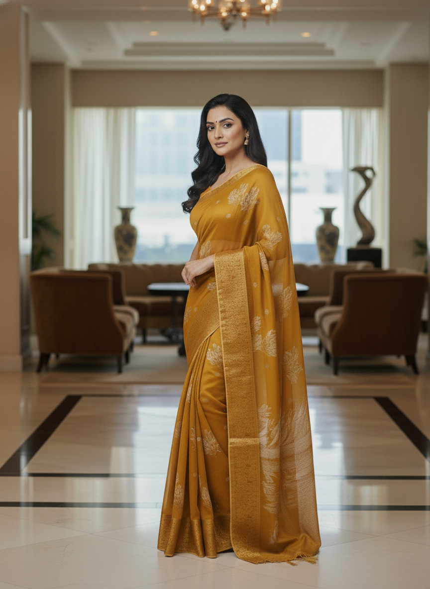 Blue  Floral Printed Chiffon Saree with Border| AS-00101