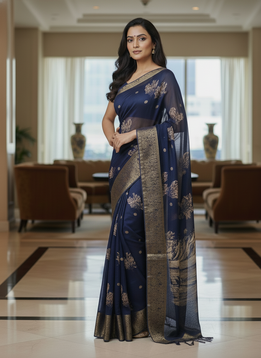 Blue  Floral Printed Chiffon Saree with Border| AS-00101