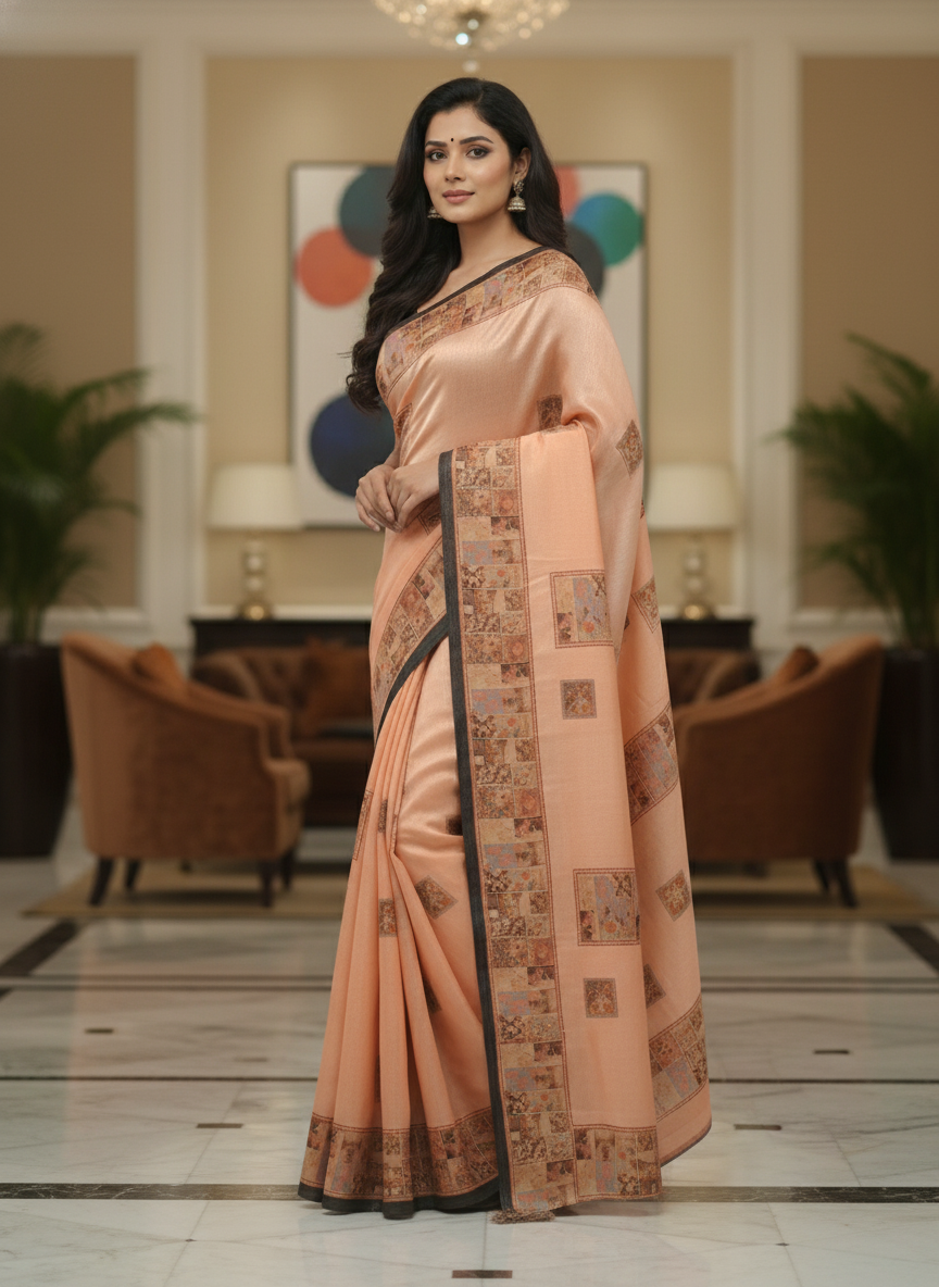 Peach Multicolor Saree with Pattern Print | AS-00113