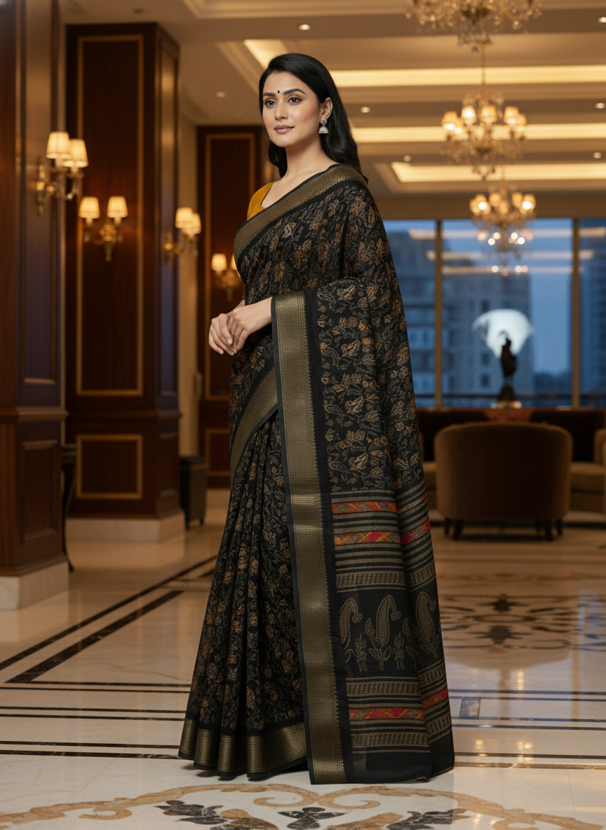 Emerald green Printed Soft chiffon Saree | AS-0099