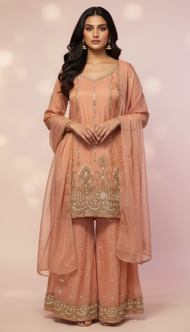 Peach Tissue Organza Palazzo Set with Elegant Embroidery|P4_2