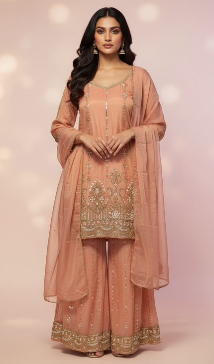 Peach Tissue Organza Palazzo Set with Elegant Embroidery|P4_2