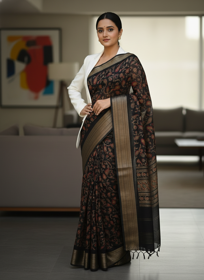 Navy Blue Floral Printed Chiffon Saree with Border| AS-00105