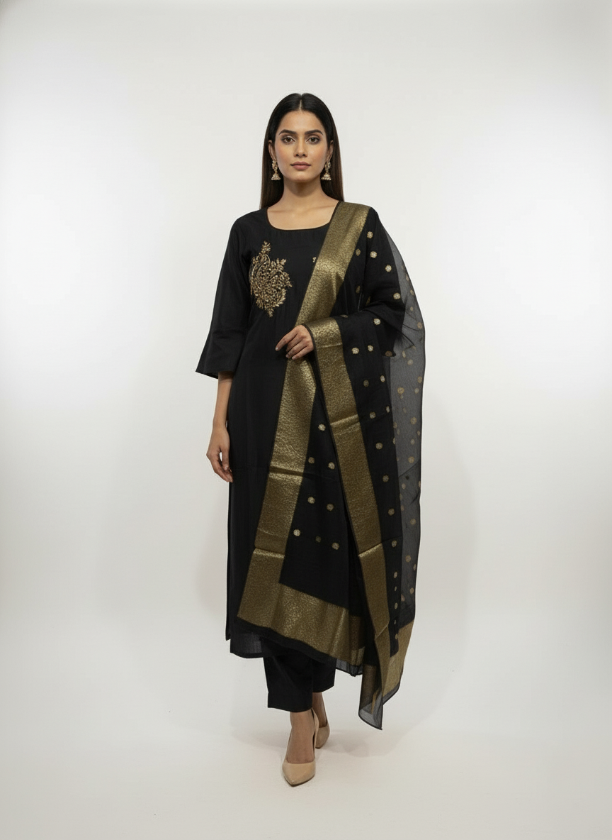 Elegant Mustard Kurta Set with Banarasi Dupatta| AS-00190