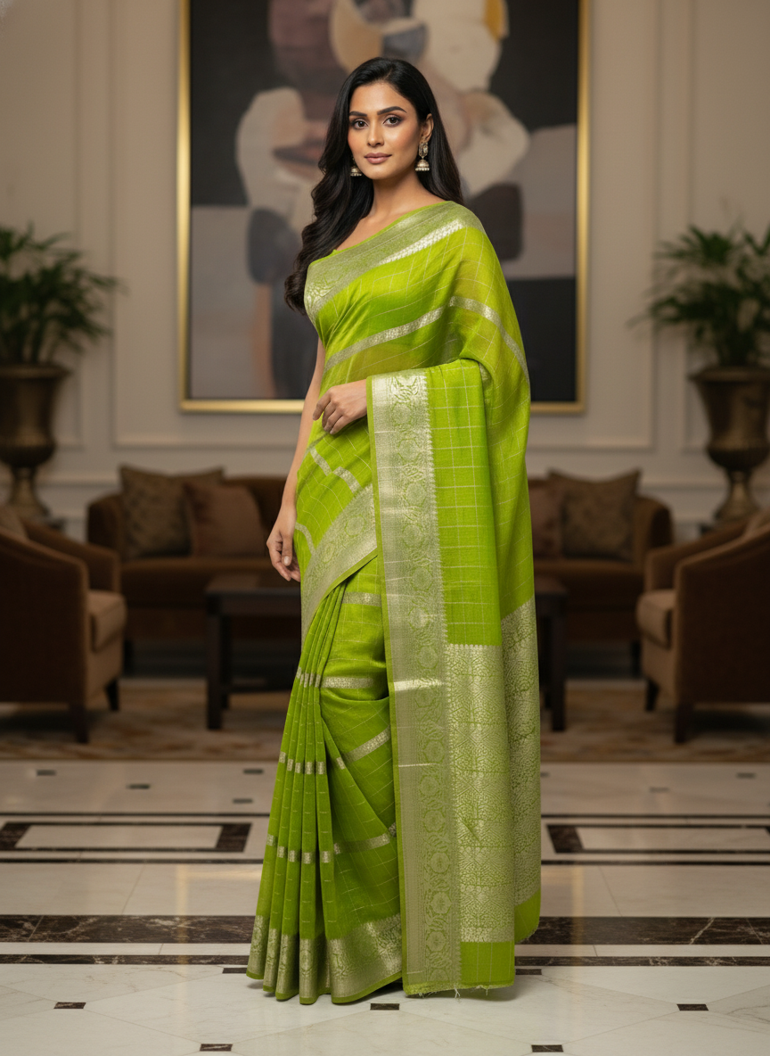 Parrot green  Silk Saree with Woven Border| AS-00242