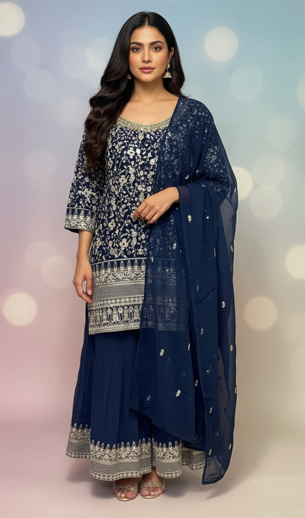 Navy Blue Tissue Organza Palazzo Set with Heavy Floral Embroidery|P6_1