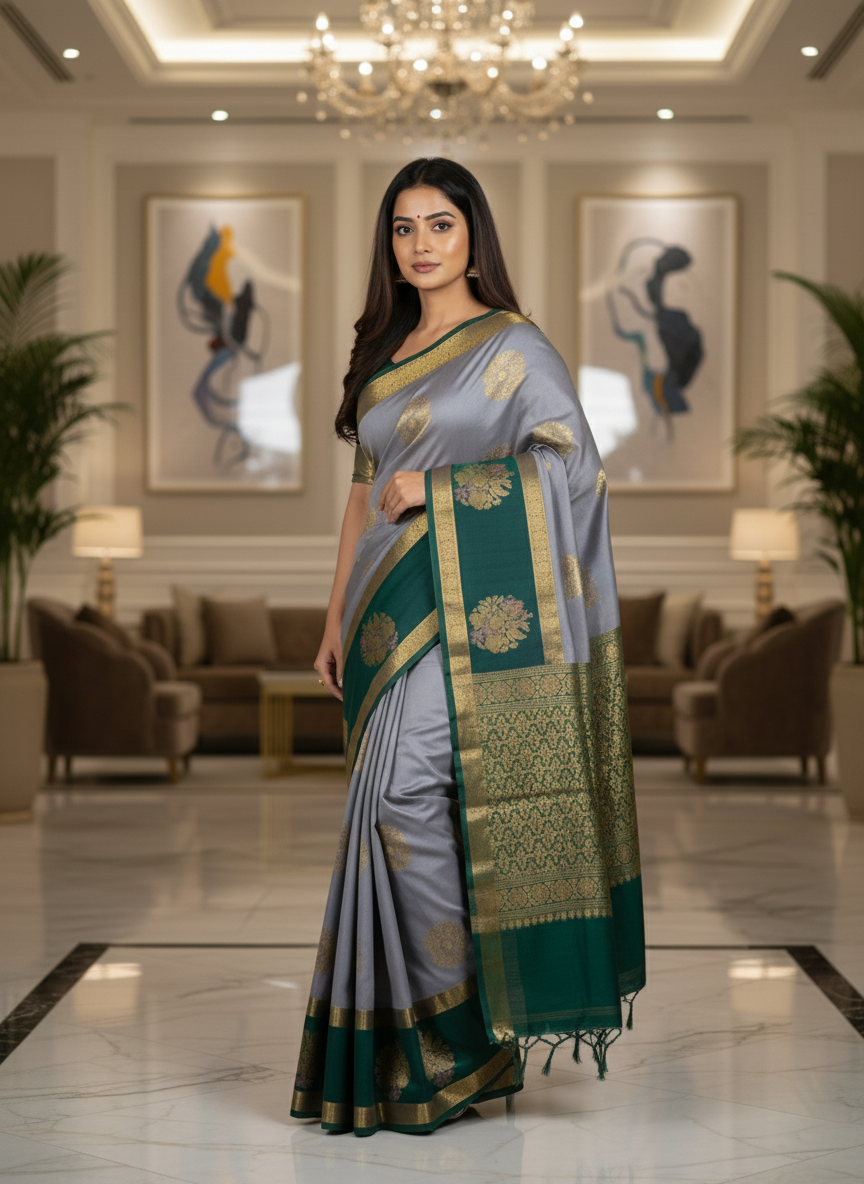 Grey Kanchipuram Brocade Silk Saree With Butta Design| AS-00126