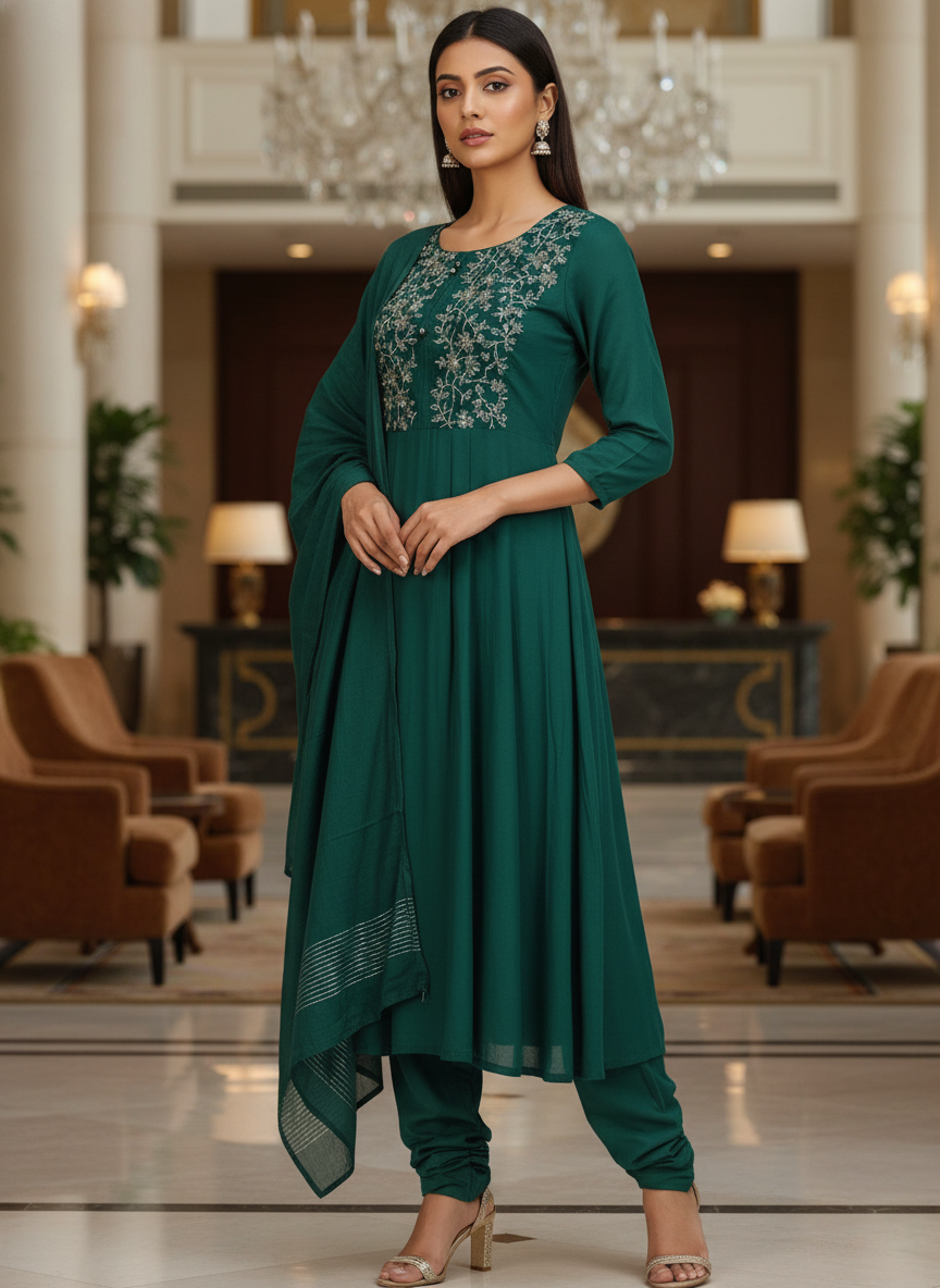 Green Cotton Printed straight Anarkali with Dupatta| AS-00155