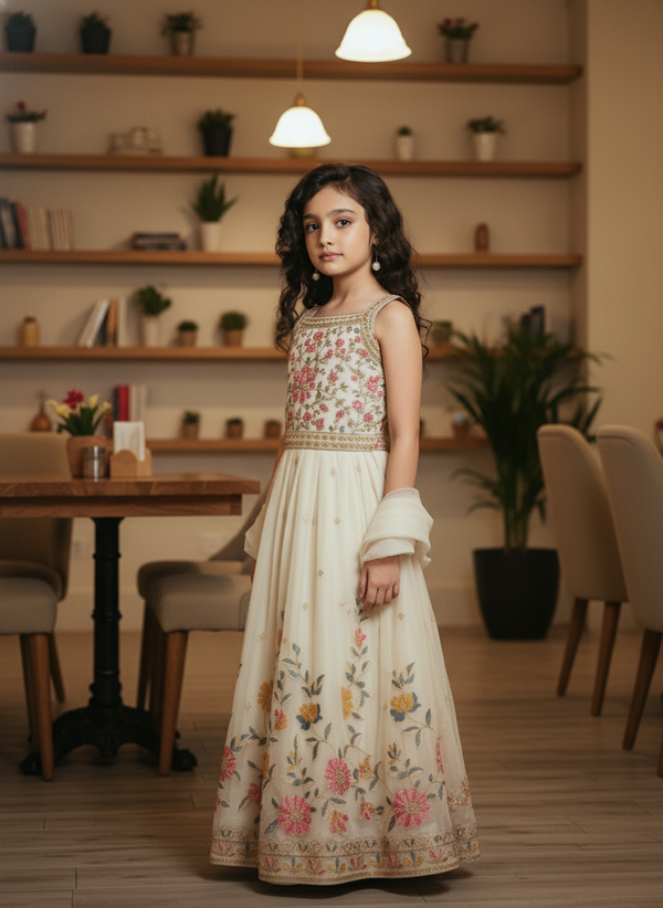 Girls' Cream Floral Anarkali Gown | 3009