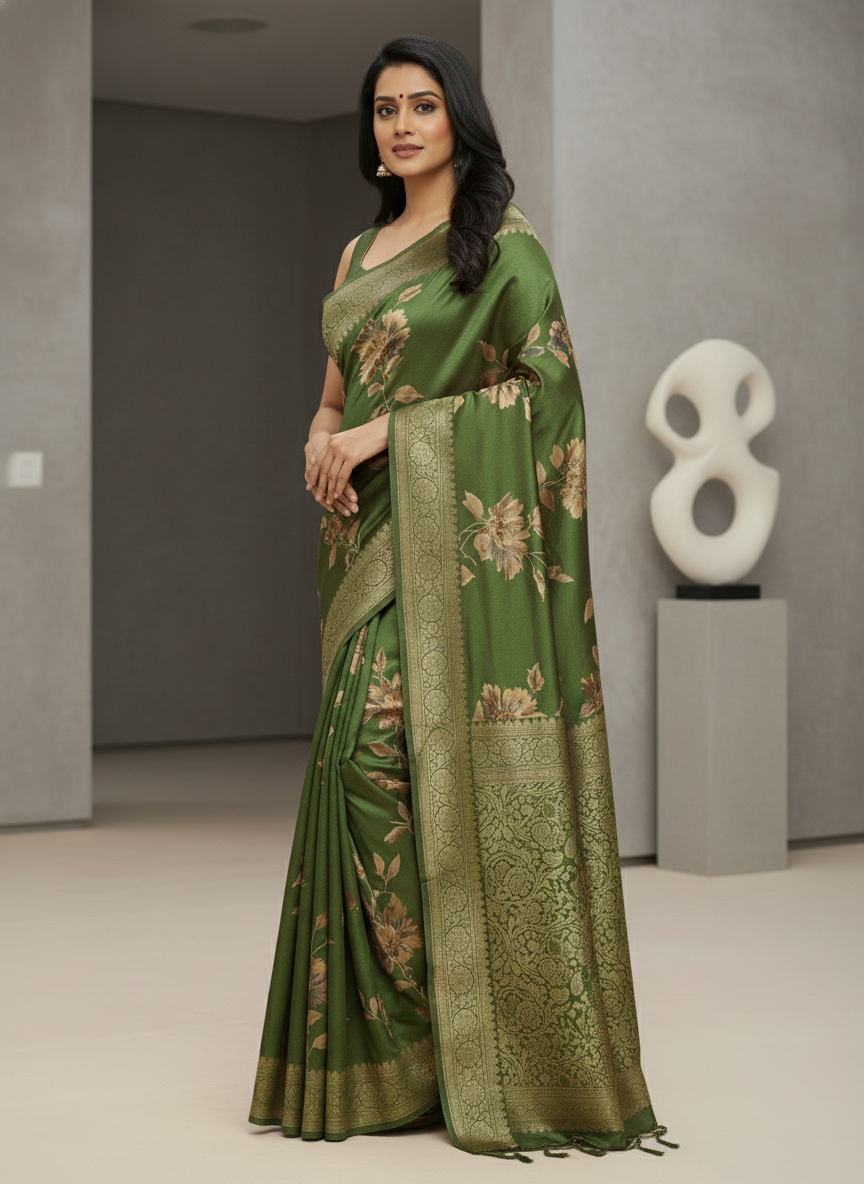 Rani pink  Floral Printed Chiffon Saree with Border| AS-00106
