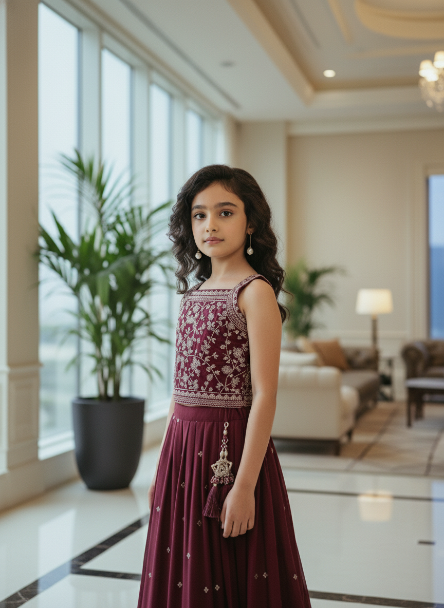 Girls' Maroon Embroidered Lehenga Set| 3006