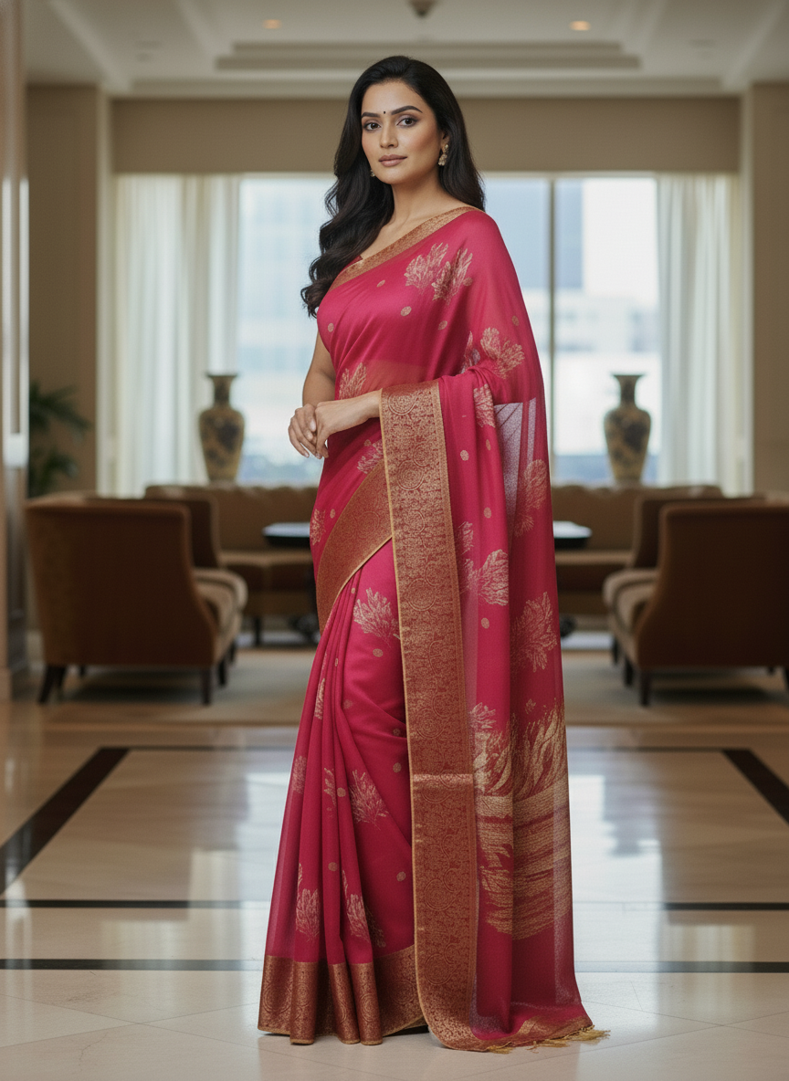 Blue  Floral Printed Chiffon Saree with Border| AS-00101