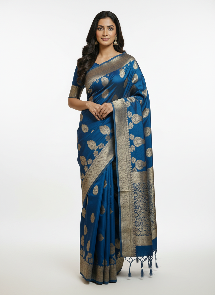Navy Semi Silk Saree with Woven Border| AS-00247
