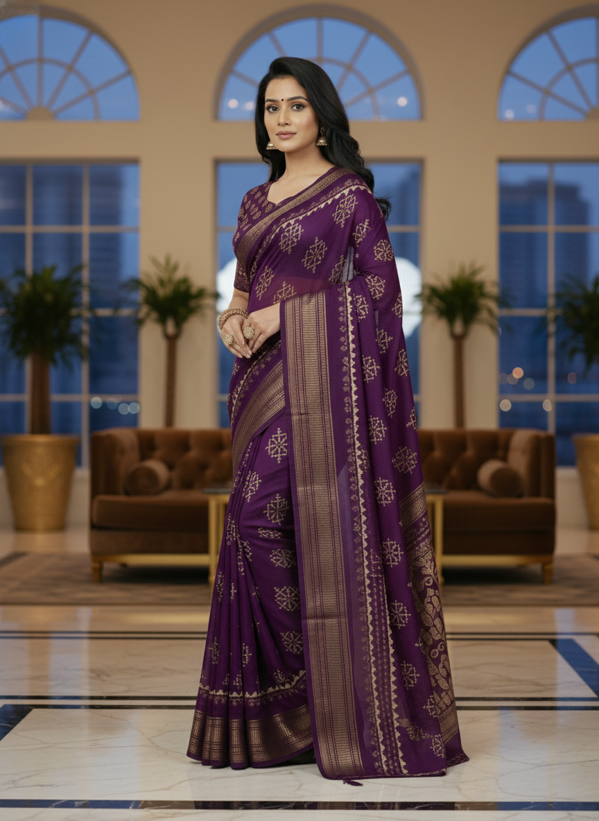 Maroon Floral Printed Chiffon Saree with Border| AS-00103