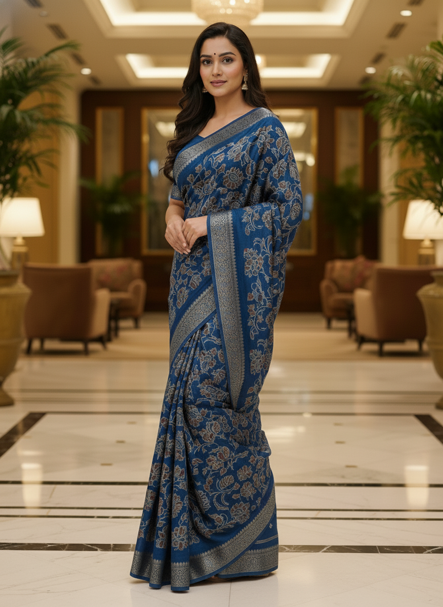 Peacock blue Multicolor Saree with Pattern Print | AS-00108