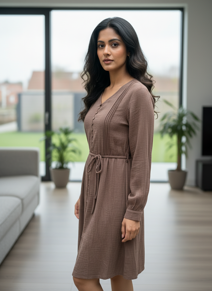 Women's Mauve Textured Button-Down Midi Dress| AS-00154