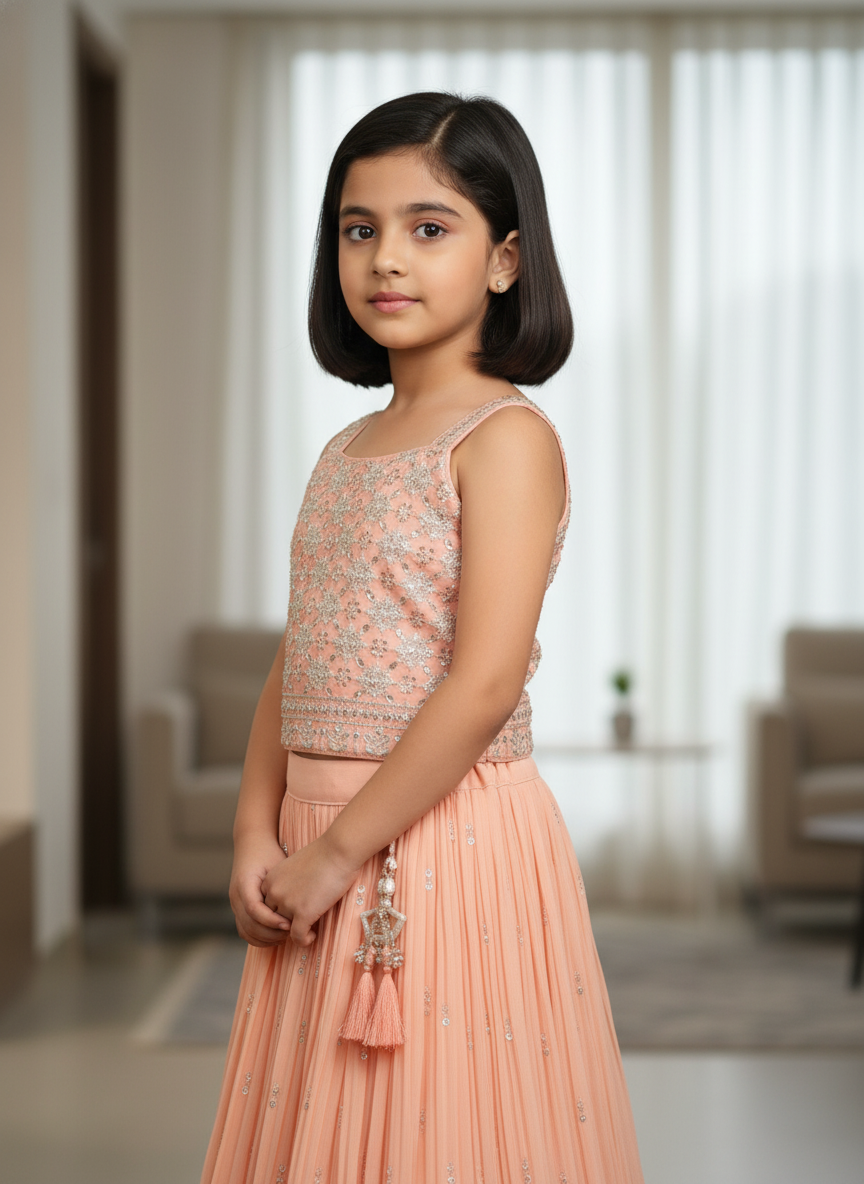 Girls' Designer Peach Lehenga Sets | Festive | 3007