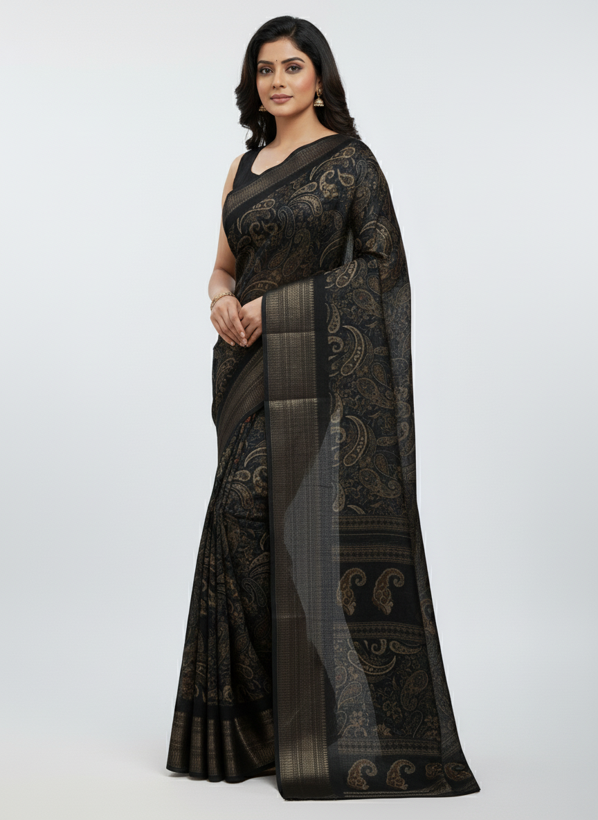 Black Multicolor Saree with Pattern Print | AS-00109