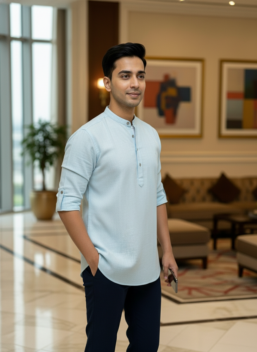 Men's Textured Cotton Short Kurta | Roll-Up Sleeves | 162