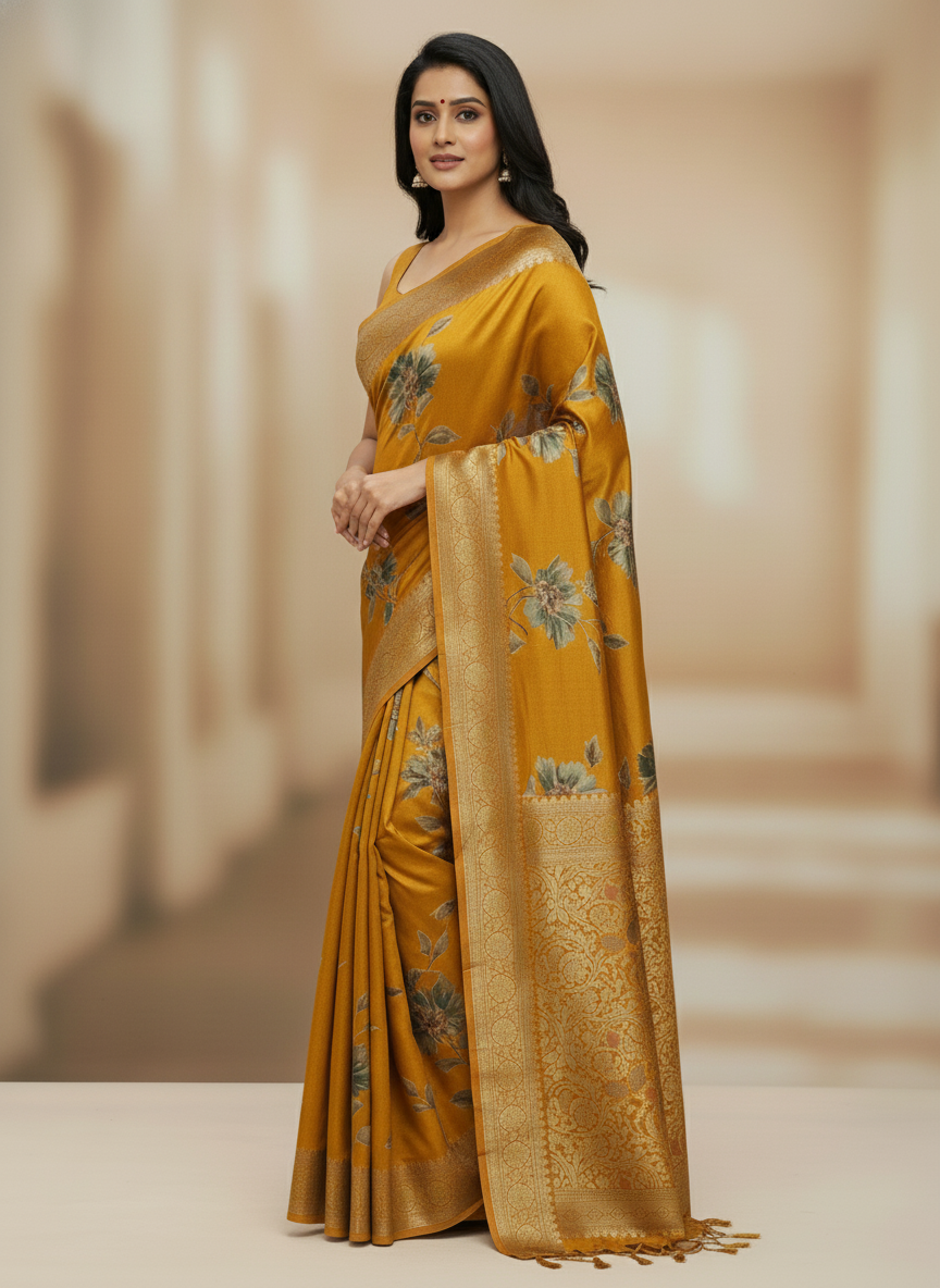 Rani pink  Floral Printed Chiffon Saree with Border| AS-00106