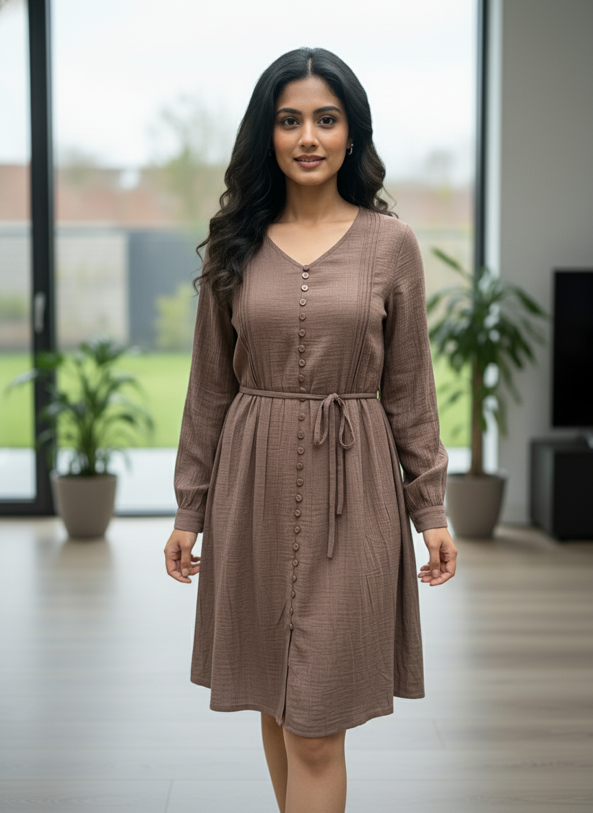 Women's Mauve Textured Button-Down Midi Dress| AS-00154