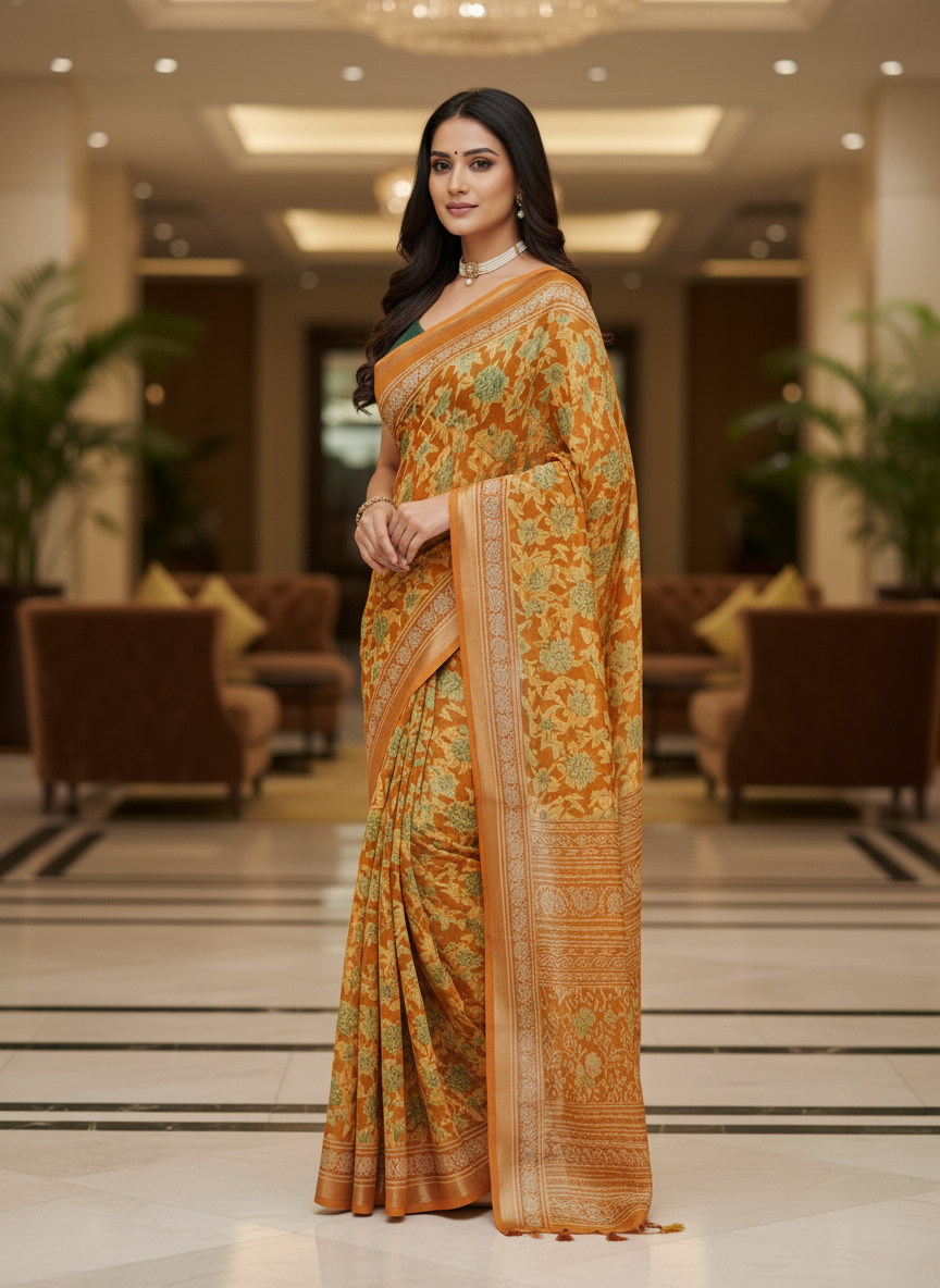 Green Multicolor Saree with Pattern Print | AS-00110