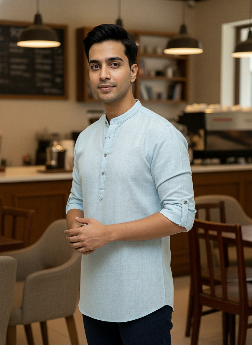 Men's Textured Cotton Short Kurta | Roll-Up Sleeves | 162