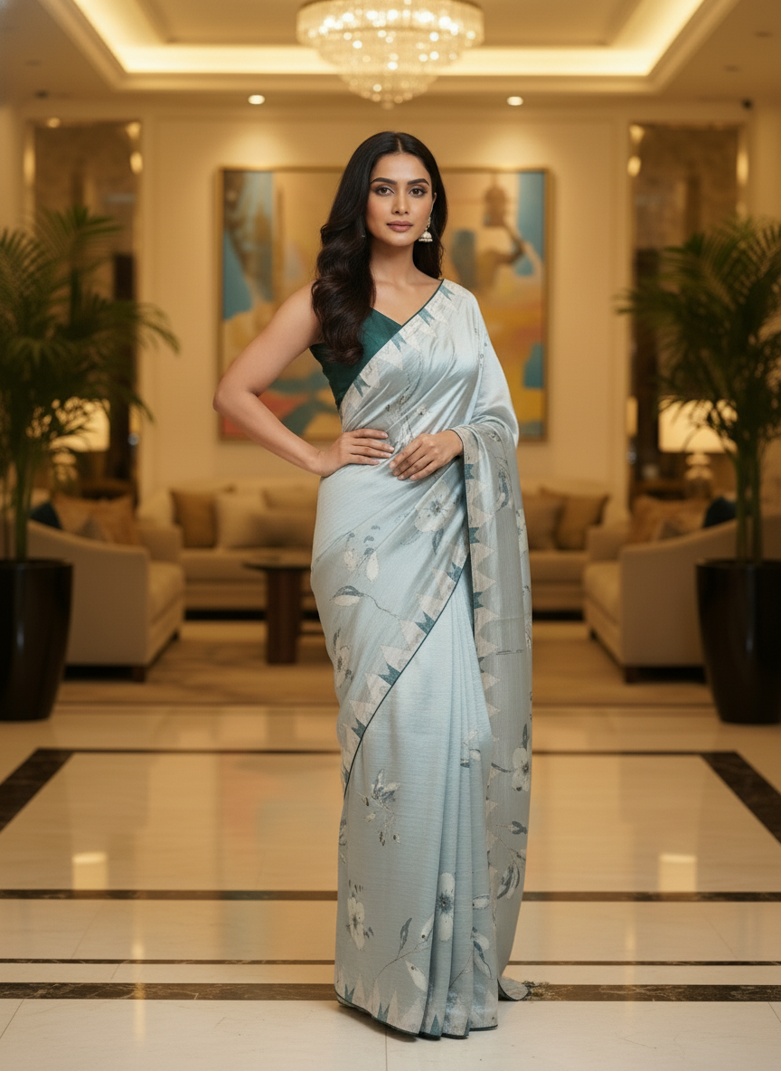 Light Blue Multicolor Saree with Pattern Print | AS-00116