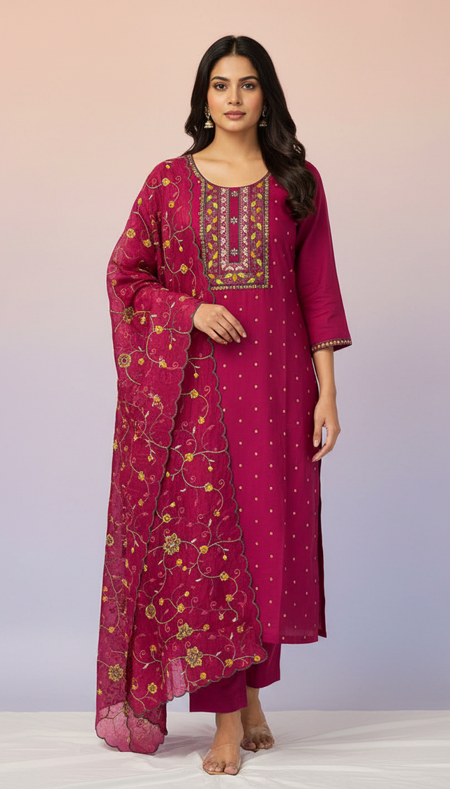Magenta soft cotton silk Straight Cut Kurti with Thread Work Panel|SC2