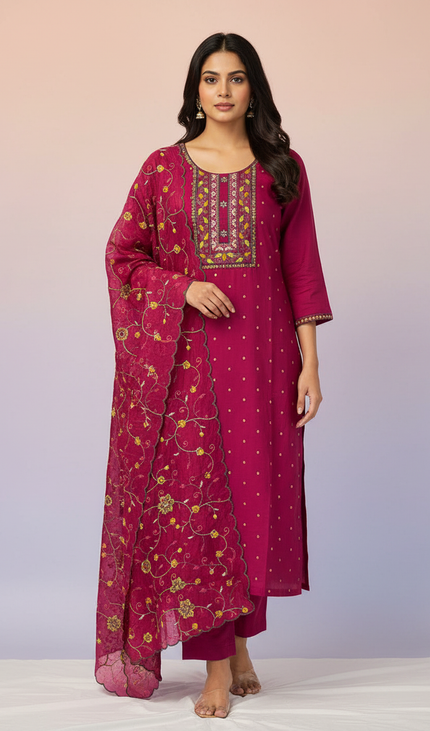 Magenta soft cotton silk Straight Cut Kurti with Thread Work Panel|SC2