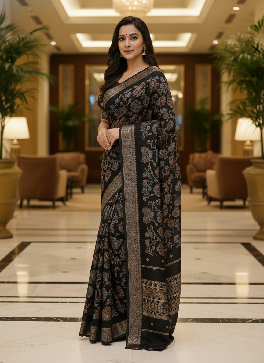 Peacock blue Multicolor Saree with Pattern Print | AS-00108